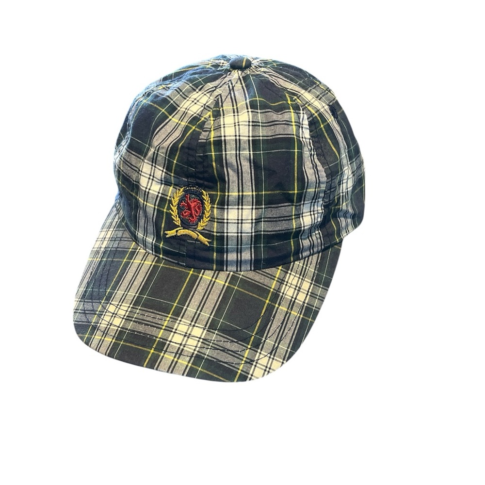 Vintage Tommy Hilfiger Hat Green Plaid Leather Strap Back Y2K 90’s